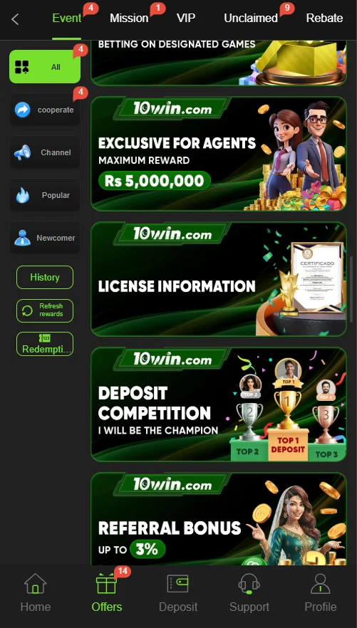 10win Game Bonuses and Events